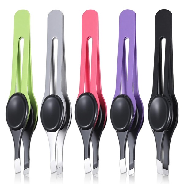 5Pcs Slant Tweezers with Grip Slanted Tip Eyebrow Tweezers for