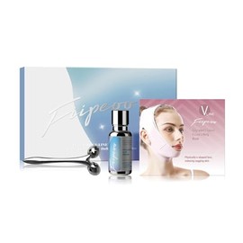 V Line Lifting Kit for Women, Double Chin Strap w/ 3D Face Roller & Hyaluronic Acid Serum for Face Lifting and Jawline Shaper | Comfortable, Adjustable, and Pressure-Free (Carnation)