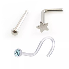 Luxe Modz Nose L-shape Star design,Nose Bone w/ Ball End & Screw Retainer w/ CZ 3pack 22G