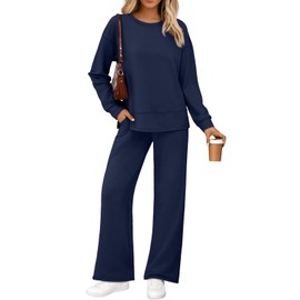 AUTOMET Womens 2 Piece Sweatsuits Outfit Fall Casual Lounge Sets Side Slit Sweatshirt Wide Leg Pants Tracksuit 2025 Fashion Cozy Travel Airport Loungewear with Pockets NBlue M