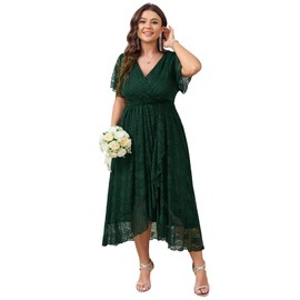 SCOMCHIC Womens Plus Size Wedding Guest Dress Formal Lace Faux Wrap V Neck High Low Short Sleeve Cocktail Maxi Dresses XL-4XL Emerald Green