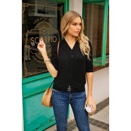 GRACE KARIN Women's V-Neck Long Sleeve Button Down Sweater Cardigan Soft Knit(S,Black)