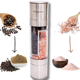 Huuman 2 in 1 Salt and Pepper Grinder - Manual Salt and Pepper Grinder Combo - Dual Stainless Steel Mill Shaker for Herb, Pink Himalayan Salt, Sea Salt, Peppercorns, Spice Grinder Set for Kitchen