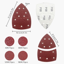 Sinirttou Pack of 60 Sandpaper Triangles for Sanding Polishing Various Grits 40/80/120/180 Velcro Sanding Sheets Delta 105 x 152 mm for Multi-Sanders