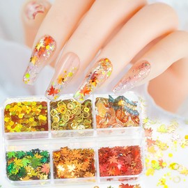 Maple Leaf Nail Glitters Sequins Fall Nail Art Stickers Decals 3D Holographic Sparkly Laser Circle Maple Leaves Aluminum Foil Confetti Glitters Acrylic Nail Tips Design for Autumn Fall Party Craft DIY