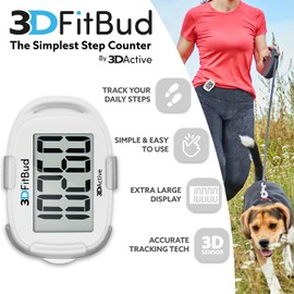 3DFitBud Simple Step Counter Walking 3D Pedometer by 3DActive with Clip, Lanyard Accurate Step Tracker Large Display, Easy to Use for Kids Men Women Adult Seniors Daily Step Tracking - A420S - White
