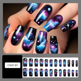 SINSEN Square Press on Nails Medium Fake Nails Gradient Blue Purple Black Acrylic Glue on Nails Glossy False Nails with Stars and Clouds Designs Full Cover Stick on Nails for Women Manicure 24Pcs