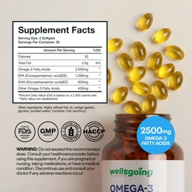 Wellsgoing Omega-3 Fish Oil Supplement, 2500 mg Omega-3 Fatty Acids with 1200 mg EPA & 850 mg DHA per Serving, 60 Softgels (30 Day Supply)