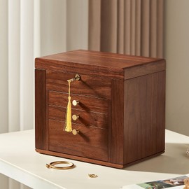 CHOSIN Wooden Jewelry Box 4 Layer Large Jewelry Organizer with Mirror, Lockable, 2 Side Doors, Solid Wood Black Walnut, Brass handle, Classical Style for Necklaces Rings Earrings Watch Christmas Gift