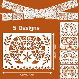 PureHabitat White Papel Picado Banner, 33ft Plastic Mexican Flag with 5 Designs, Fiesta Decorations for Cinco de Mayo, Cielito Lindo Baby Shower Wedding Dia de Los Muertos Day of the Dead Party Decorations