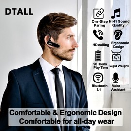 DTALL Bluetooth Headset, V5.1 Ultralight Wireless Handfree Earpiece for Cell Phones with Battery Display Charging Case 96 Hours Talking Time Built-in Microphone for Driving,Office,Business