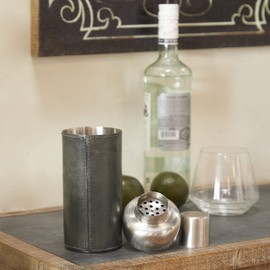 The Novogratz Leather Handmade Cocktail Shaker with Silver Top, 3" x 3" x 9", Dark Blue