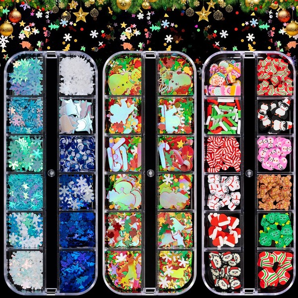Noverlife 36 Grids Christmas Nail Art Sequins, 3D Holographic Laser Snowflake Colourful Nail Glitter Sequins, Christmas Nail Glitter Decoration with Pickup Tools Sparkly Confetti Nail Decals
