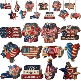 Seeloowy 36 Pcs 4th of July Vintage Ornaments 250th Anniversary Patriotic Wooden Decorations Independence Day Decorations White Red Blue Tree Decors Memorial Day Tree Ornaments for American Party