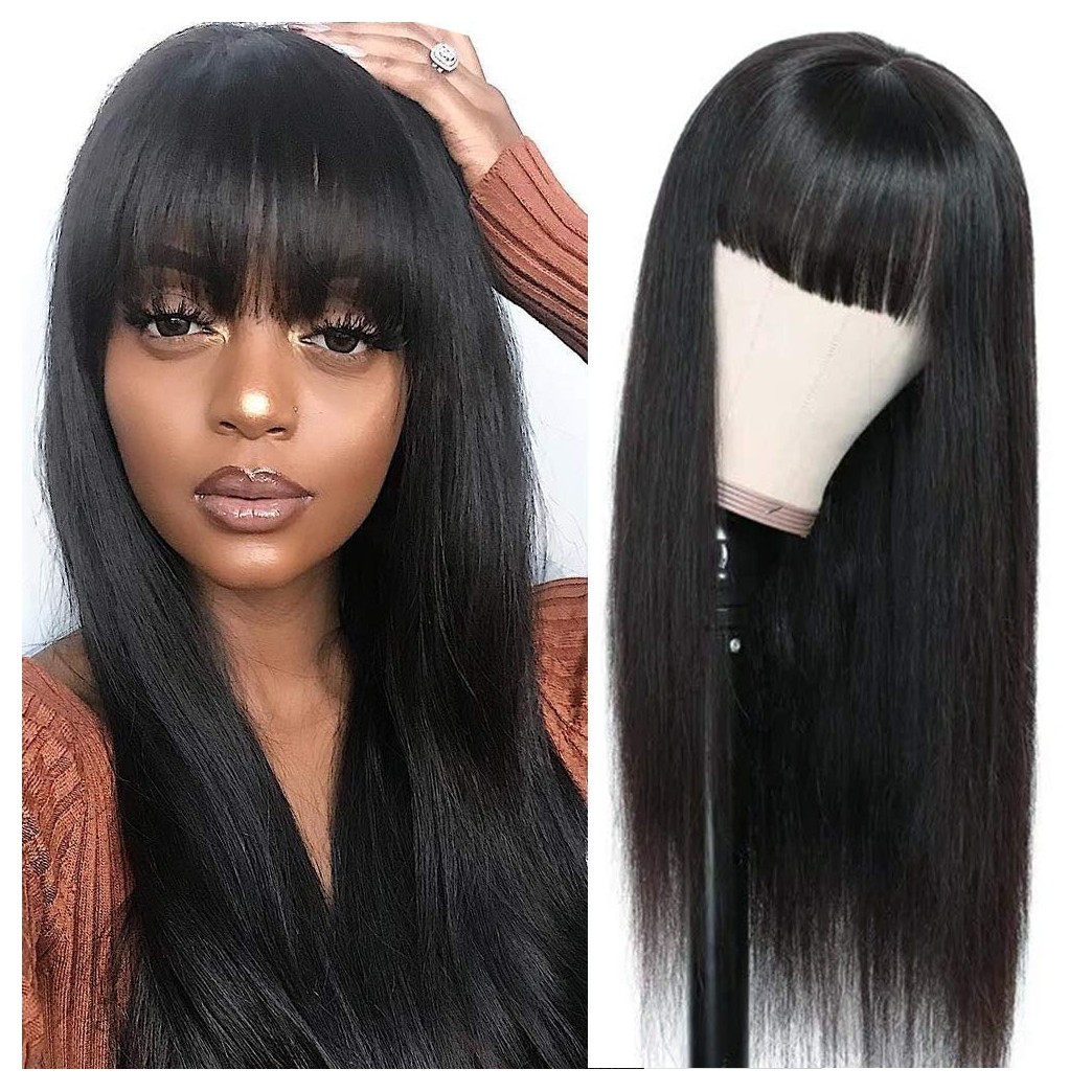 Sooolavely Hair Brazilian Virgin Silky Straight Human Hair Wigs with Bangs 130% Density None Lace Front Wigs Glueless Machine Made Wigs for Black Women Natural Color(18Inch,Straight Wigs)