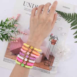 Candy Color Heishi Surfer Bracelets Set for Women Stackable Clay Beaded Bracelets Disc Stretch Smiley Face Preppy Bracelets Colorful Friendship Bracelets Cheer Bulk Boho Summer Beach Jewelry Gift, 7.5