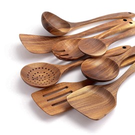 JUJOYBD 8-Piece Wooden Cooking Spoon Set - Kitchen Utensils Set Made of Teak Wood Cooking Utensils Wooden Cooking Spoon Cooking Utensils Including Salad Spoon Spatula Ladle etc. Perfect for Non-Stick