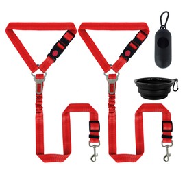 3 in 1 Dog Seat Belts Harness for Car,Adjustable Pet Seat Belt Harness for Cars,Restraint Secures to Headrest, Poop Bag with Dispenser and Dog Bowl（2 Red）