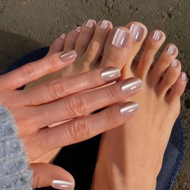 CUZIAM Nude Cat Eye Press on Nails Toenails Set, 30Pcs Short Square Jelly Glass Translucent Magnetic Gel Fake False Nails, 24Pcs Glossy Reusable Natural Fit Full Cover Stick on Toenails for Women