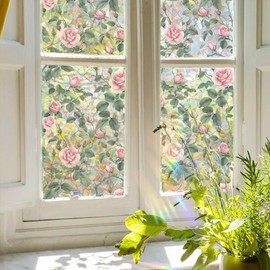 Retro Pink Rose Flowers Window Privacy Film, Rose Rainbow Decorative Window Clings, 3D Stained Glass Window Decals, Non-Adhesive Static Cling Window Sticker for Home Office,16.93x39.37inch