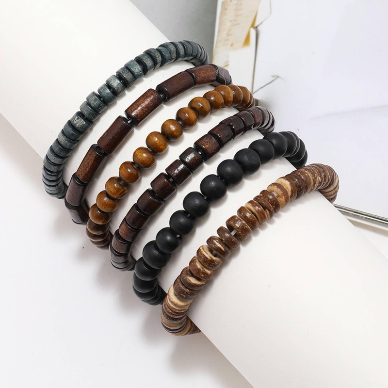 MILAKOO 6Pcs Wooden Bracelet Multilayer Grunge Set Stretch Bracelets Wrap
