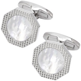 Jonwo Octagon Mother of Pearl Men Cufflinks with Gift Box Silver Gold Plated Cufflinks for Men Wedding Tuxedo Shirt Party Birthday Anniversary Dress (Silver Cufflinks in Gift Box)