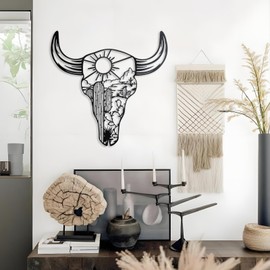 KOYILTD Metal Cow Skull Wall Decor Western Bathroom Decoration Desert Wall Art Cactus Wall Decor Western Decoration for Home Southwestern Wall Art for Living Room Bedroom Bathroom (Bright)