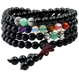 Shanxing 6mm Black Agate & Chakra Crystal 108 Prayer Beads Mala Wrap Bracelet for Men Women, Worry Beads Healing Crystal Bracelet Tibetan Buddhist Jewellery Gift Buddha Reiki Meditation Stone Necklace