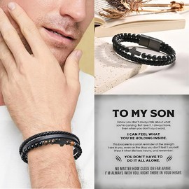 To My Son Cross Bracelet For Men, Double-Row Black Agate Rosary Obsidian Beaded Braided Leather Bracelets Stainless Steel Engarved With Love You Forever Bangle Faith Religious Jewelry Gift (Tiger Eye-Black)
