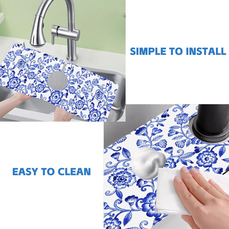 Watercolor Blue Floral Kitchen Sink Splash Guard Mat - Absorbent
