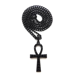 iJewelry2 Ancient Egyptian Coptic ANKH Cross with Black Tone Crystals Cuban Chain Pendant Necklace 24''