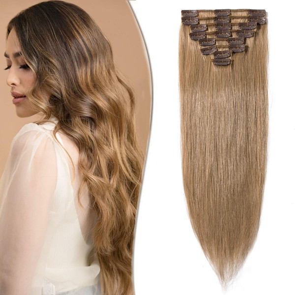 Sego Clip-In Real Hair Extensions, 8 Wefts, Thin Extensions, 100% Remy Human Hair, Straight Hairpieces, Honey Blonde #27-1, 24 inches (61 cm) – 80 g