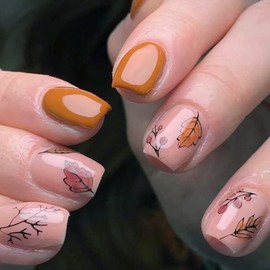 24pcs Maple Leaf Press on Nails Short Square Fall Fake Nails with Designs Tree Branch Maple Leaves False Nails Glue on Nails Reusable Brown Artificial Nails for Women Girls Nail Design Decoration