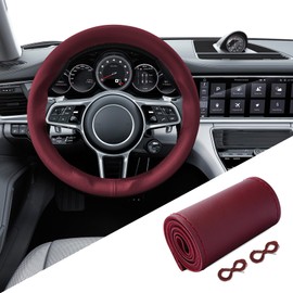 QZTYTY Genuine Leather Steering Wheel Cover, Stitch On Wrap, Hand Sewing Steering Wheel Cover with Needle Thread, Anti-Slip Car Steering Wheel Protector for Max Diameter 15 Inch (Wine red, Glossy)