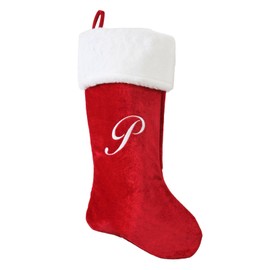 PORRUNNY 20 Inch Letter Christmas Stockings Red Polyester Plush for Family Holiday Xmas Party Decor Fireplace Hanging for Family Kids - P