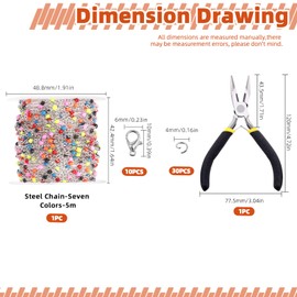 Tanstic 42Pcs 16.4Feet/5M Beaded Silver Chain Kit, Stainless Steel Colorful Bead Link Chain, Rosary Chain Bulk with Lobster Clasps, Jump Rings and Pliers for Bracelet Necklace Jewelry Making