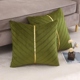 Tosleo Olive Green Velvet Throw Pillow Covers 18x18 inch Pack of 2 with Gold Leather Decorative Couch Pillowcases Luxury Modern Pillow Cover for Living Room Bedroom Sofa Cushion Bed