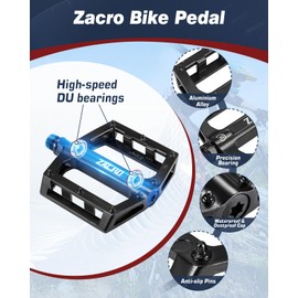 Zacro Bike Pedals of 9/16 Inch, Mountain Bike Pedals with 2 High-Speed DU Sealed Bearings, Aluminum Bicycle Flat Pedals, Non-Slip and Durable Pedals for MTB BMX Road City Curiser Bikes with Wrench