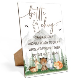 Baby Shower Games Bottle Chug Sign-8x11 Inches Woodland Forest Wooden Sign Baby Gift for Baby Shower Gender Reveal Party, Gender Neutral Baby Bottle Shower Party Games Favors Supplies-19