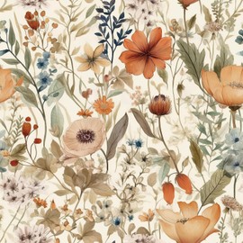Livelynine Watercolor Floral Wallpaper Peel and Stick Vintage Farmhouse Wildflower Wallpaper Boho Green Blue Terracotta Beige Tan Removable Neutral Cottage Core Floral Contact Paper Walls 17.5x78.8