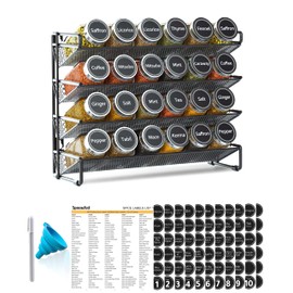 SpaceAid Spice Rack Organizer with 24 Spice Jars, 386 Spice Labels, Chalk Marker and Funnel Set for Cabinet, Countertop, Pantry, Cupboard or Door & Wall Mount -24 Jars, 11.8" W × 10.8" H, Black