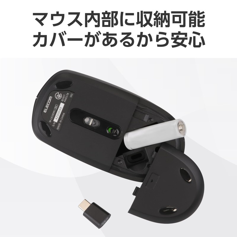 Elecom M-LE10DRCBK Wireless Mouse Type-C Connection, Large, 3 Buttons, Black