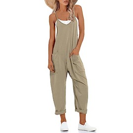 Lentta Women's Causal Jumpsuits V Neck Sleeveless Harem Overalls Stretchy Adjustable Strap Romper with Pockets(DarkKhaki-S)