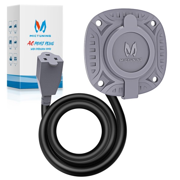 MICTUNING 15Amp 125V AC Port Plug with 20" Integrated Heavy Duty Extension Cord and Water-Resistant Cap - Silver Gray