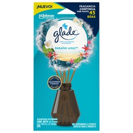 Glade Difusor de Aromas, Aromatizante para Hogar, Hasta 45 Días, Aroma Paraíso Azul, Frasco con 100 mL, 6 Varitas