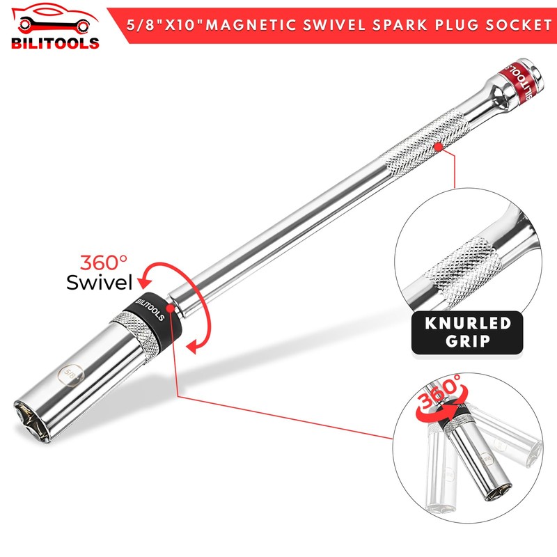 BILITOOLS 5/8-inch Magnetic Spark Plug Socket Swivel Thin Wall Spark