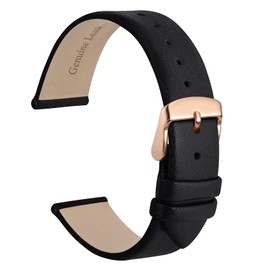 WOCCI 18mm Watch Strap with Rose Gold Buckle, Elegant Genuine Leather Replacement Band for Men or Women (Black)