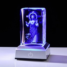 Anpdasi 3D Crystal Jesus Figurines Laser Carving Glass Jesus Statue NightLight Christian Gifts for Men Women Religious Gifts Figurine Room Decor with Colorful Light Base