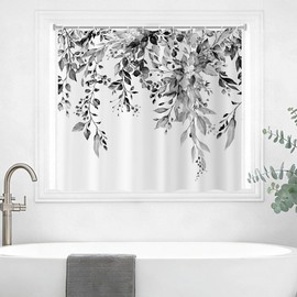 GCIREC Black and White Shower Window Curtain, Watercolor Eucalyptus Leaves Botanical Plants Floral Small Short Bathroom Window Curtain Waterproof Fabric Machine Washable 6 PCS Hooks,24" Wx36 L