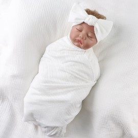 OMUKY Newborn Receiving Blanket Bow Headband and Beanie Set Baby Swaddle Receiving Blankets Baby Boy Girls Nursery Swaddle Wrap(White)